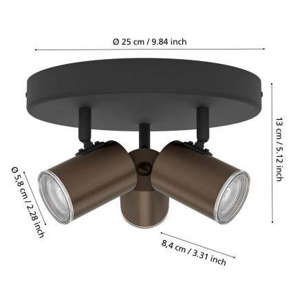 Eglo - Spot pentru baie, 3x GU10/5W/230V, Ø25 cm, IP44, negru/maro