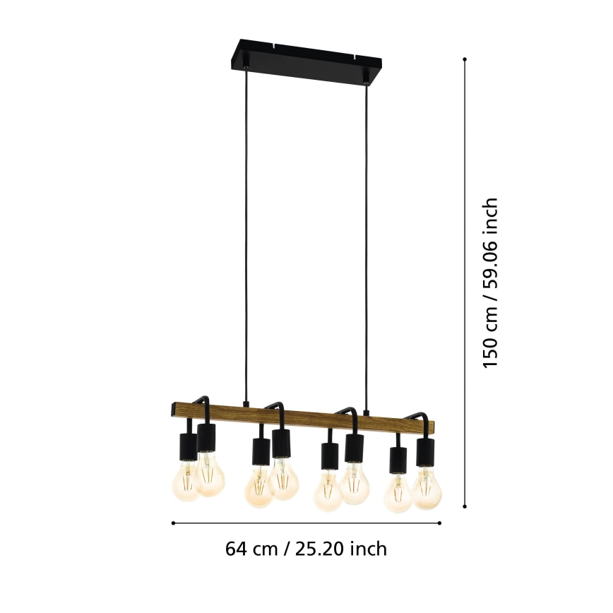 Eglo 43316 - Lustră suspendată pe cablu ERRIBERA 8xE27/40W/230V stejar/negru