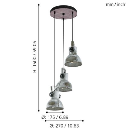 Eglo 79371 - Lustră suspendată pe cablu BARNSTAPLE 3xE27/40W/230V maro/patină