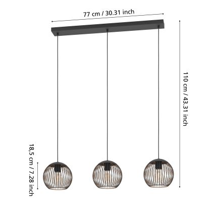Eglo - Lampă suspendată pe cablu, 3xE27/60W/230V, negru