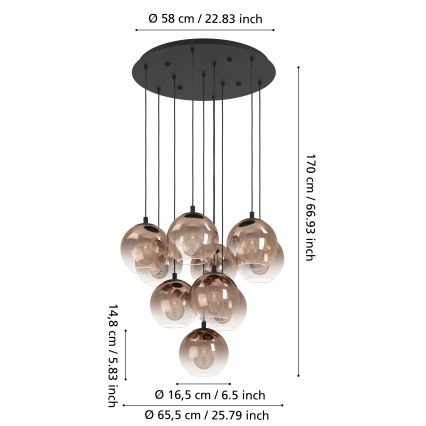 Eglo - Candelabru suspendat pe cablu, 10 x E27, 60 W, 230 V, negru/bej/fumuriu