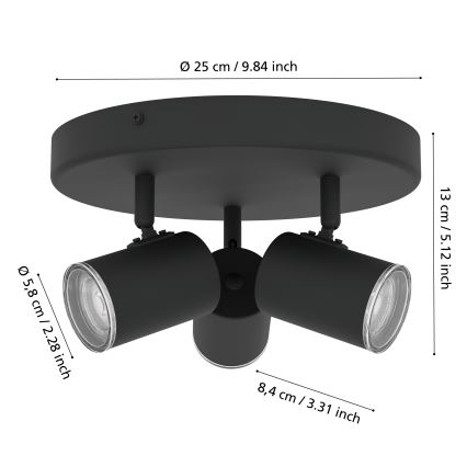 Eglo - Spot pentru baie, 3x GU10, 5W, 230V, Ø25 cm, IP44, negru