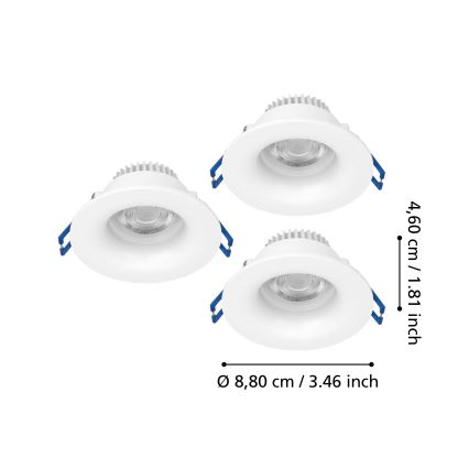 Eglo - Set de 3 spoturi LED încastrate pentru baie, 4,9 W, 230 V, 2700/4000/6500 K, Ø 8,8 cm, IP65, alb