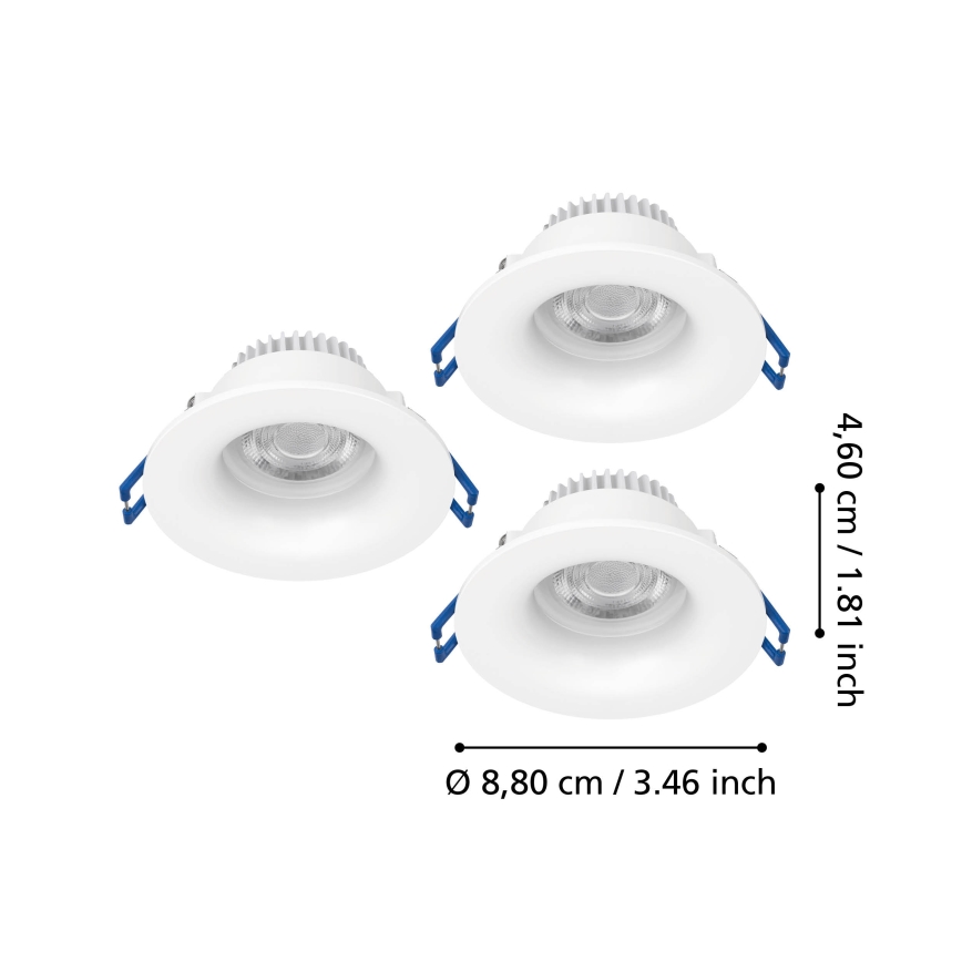 Eglo - Set de 3 spoturi LED încastrate pentru baie, 4,9 W, 230 V, 2700/4000/6500 K, Ø 8,8 cm, IP65, alb