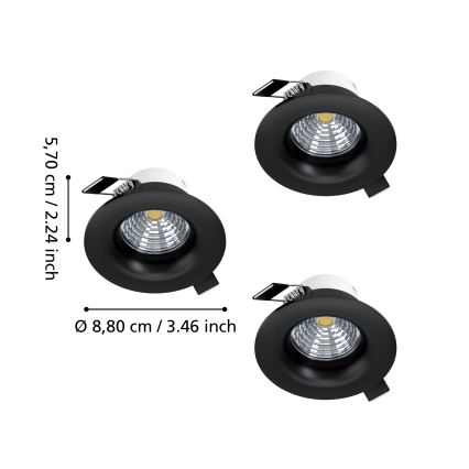 Eglo - Set de 3 spoturi LED încastrate reglabile, 4,8 W, 230 V, Ø 8,8 cm, negru