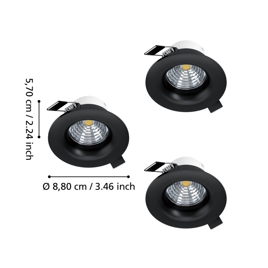 Eglo - Set de 3 spoturi LED încastrate reglabile, 4,8 W, 230 V, Ø 8,8 cm, negru