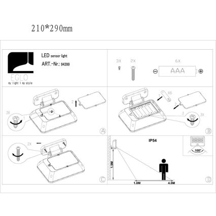 Eglo 94399 - LED Corp de iluminat perete exterior cu senzor GAVELLO LED/0,5W/6xAAA