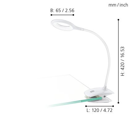 Eglo - Lampă LED cu clemă, reglabilă, 3W, 5V, 500 mAh, alb