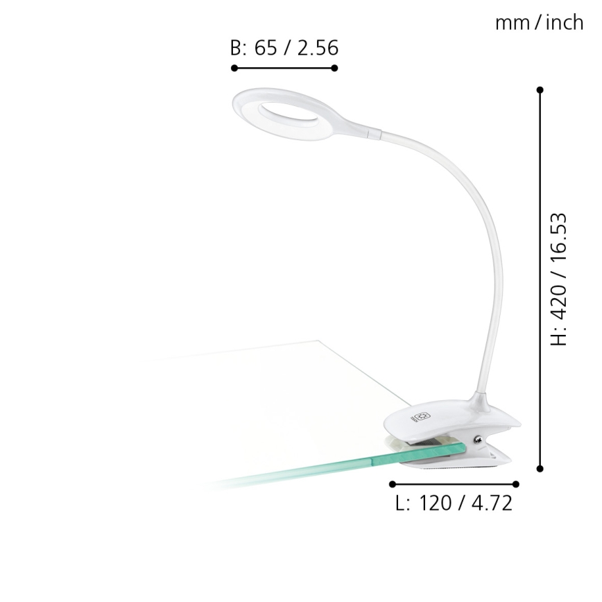 Eglo - Lampă LED cu clemă, reglabilă, 3W, 5V, 500 mAh, alb