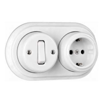 Elhard - Comutator retro din ceramică pentru perete, unipolar nr. 1 și priză SCHUKO 230V cu ramă albă