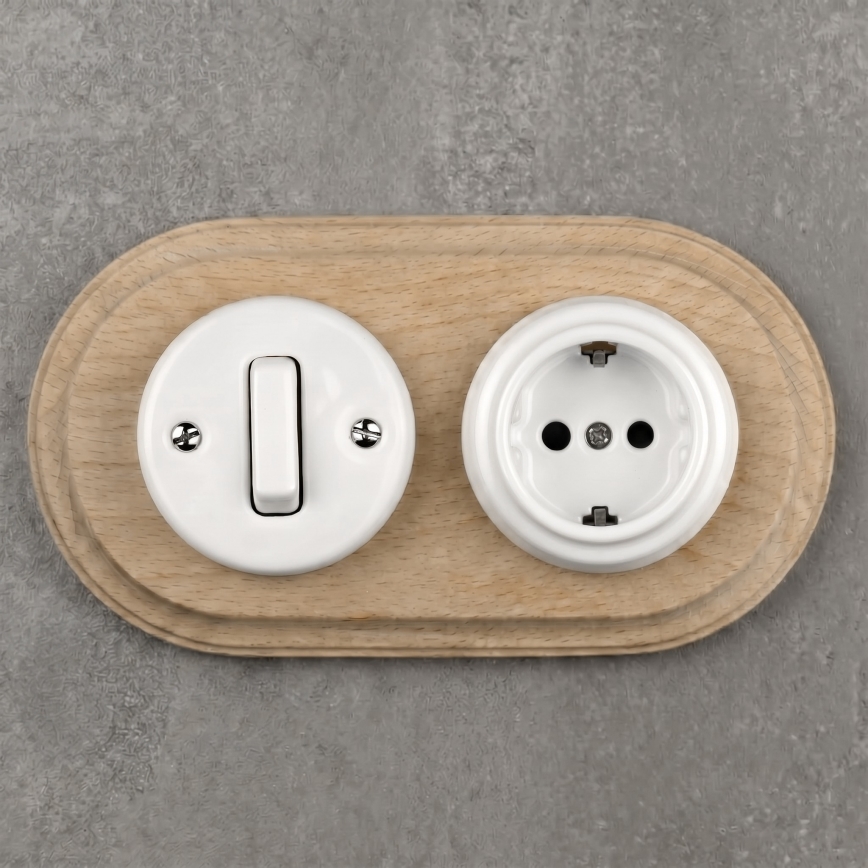 Elhard - Întrerupător retro din ceramică nr. 1 și priză 230V cu ramă SCHUKO alb/lemn deschis