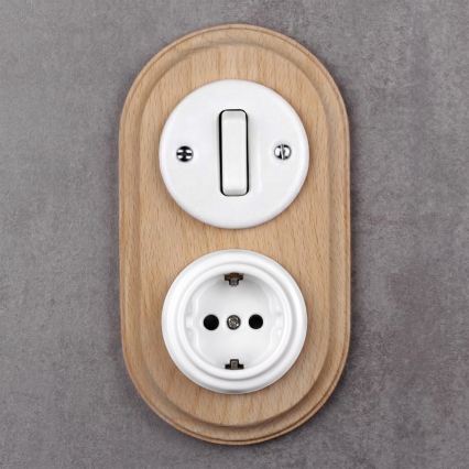 Elhard - Întrerupător retro din ceramică nr. 1 și priză 230V cu ramă SCHUKO alb/lemn deschis
