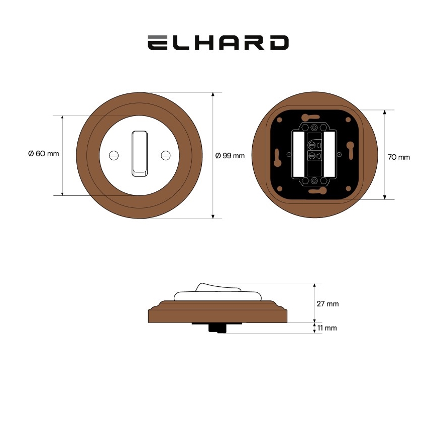 Elhard - Întrerupător ceramic retro simplu cu ramă nr. 1 negru/lemn închis