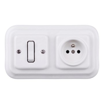 Elhard - Întrerupător ceramic retro unipolar nr. 1 și priză 230 V cu ramă, alb