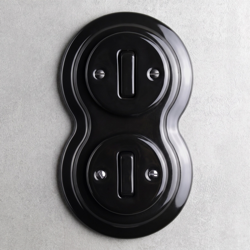 Elhard - Întrerupător dublu ceramic retro cu ramă nr. 1 negru