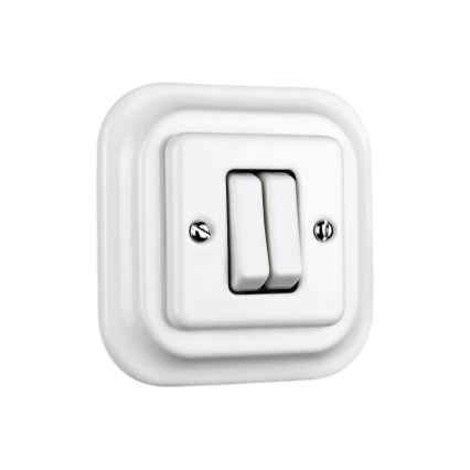 Elhard - Întrerupător dublu retro din ceramică pentru scară, cu ramă nr. 6+6, alb