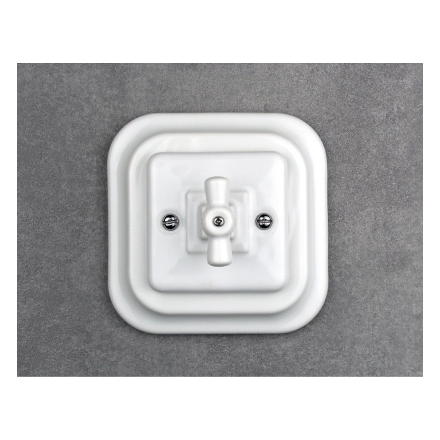 Elhard - Întrerupător intermediar retro din ceramică, rotativ, cu ramă nr. 7, alb