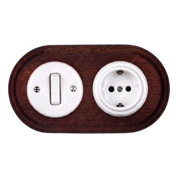 Elhard - Întrerupător retro ceramic nr. 1 și priză 230V cu ramă SCHUKO alb/lemn închis