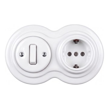 Elhard - Întrerupător retro ceramic nr. 1 și priză 230V cu ramă SCHUKO albă