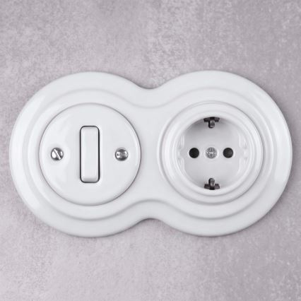 Elhard - Întrerupător retro ceramic nr. 1 și priză 230V cu ramă SCHUKO albă