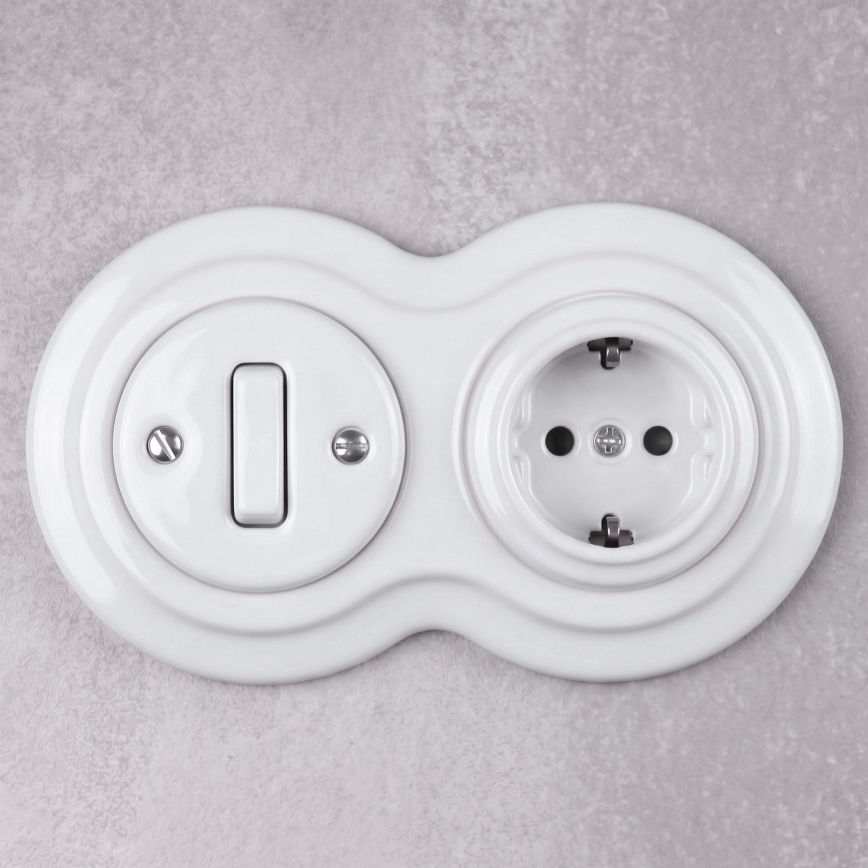 Elhard - Întrerupător retro ceramic nr. 1 și priză 230V cu ramă SCHUKO albă