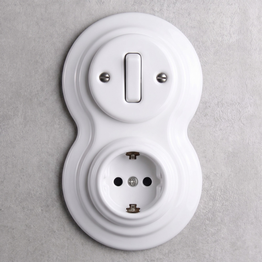 Elhard - Întrerupător retro ceramic nr. 1 și priză 230V cu ramă SCHUKO albă