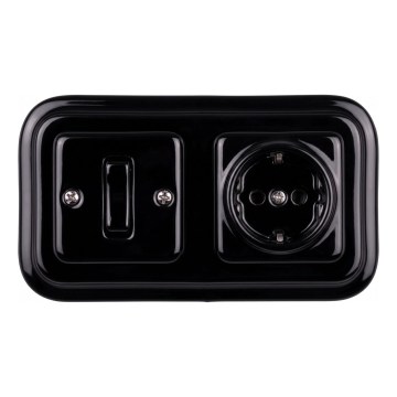 Elhard - Întrerupător retro ceramic unipolar nr. 1 și priză SCHUKO 230V cu ramă neagră
