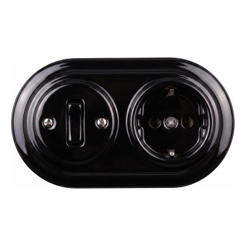Elhard - Întrerupător retro din ceramică, 1 modul, și priză 230V cu ramă SCHUKO, negru