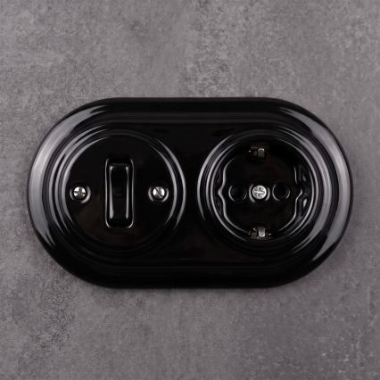 Elhard - Întrerupător retro din ceramică, 1 modul, și priză 230V cu ramă SCHUKO, negru
