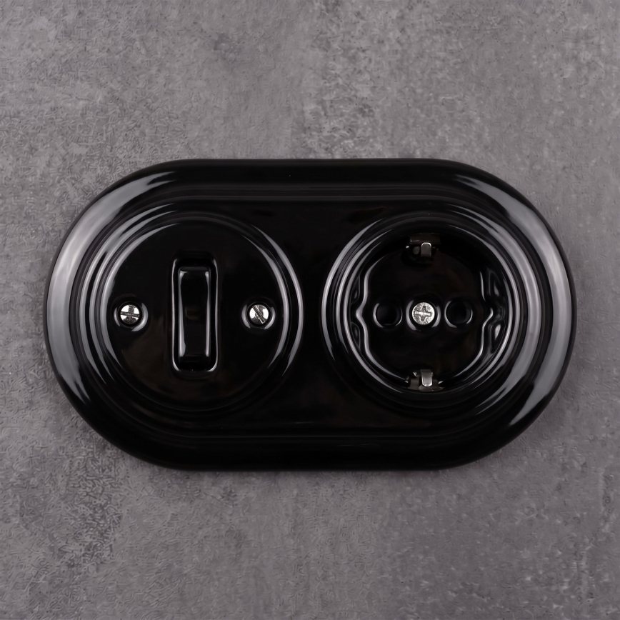 Elhard - Întrerupător retro din ceramică, 1 modul, și priză 230V cu ramă SCHUKO, negru