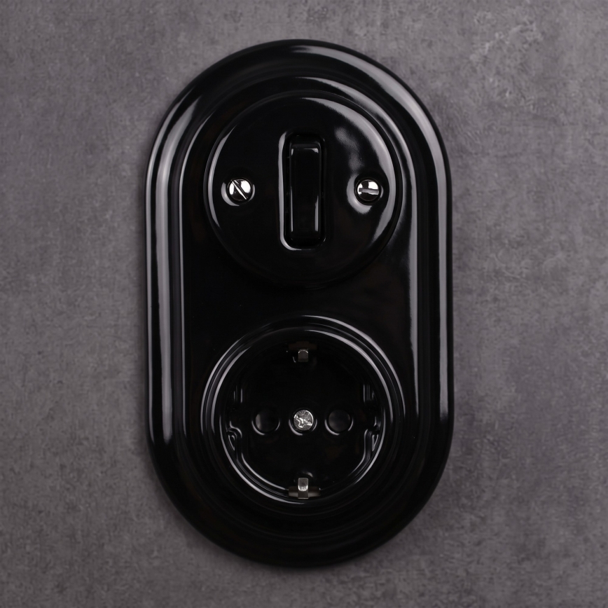 Elhard - Întrerupător retro din ceramică, 1 modul, și priză 230V cu ramă SCHUKO, negru