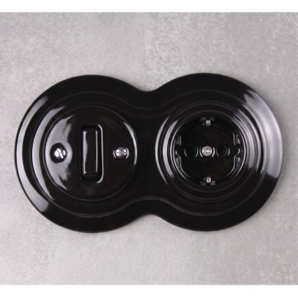Elhard - Întrerupător retro din ceramică nr. 1 și priză 230 V cu ramă SCHUKO, culoare neagră