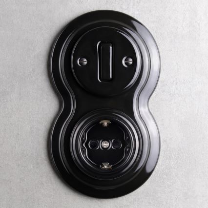 Elhard - Întrerupător retro din ceramică nr. 1 și priză 230 V cu ramă SCHUKO, culoare neagră