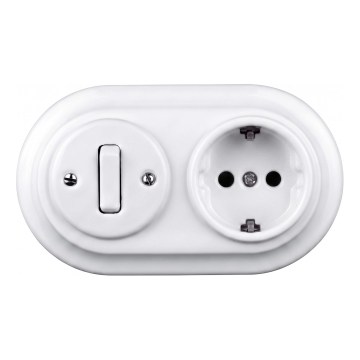 Elhard - Întrerupător retro din ceramică nr. 1 și priză 230V cu ramă SCHUKO, alb