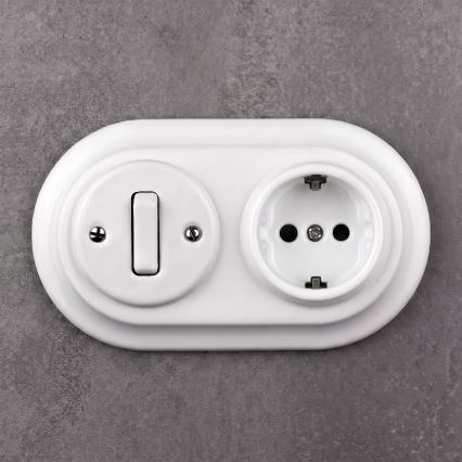 Elhard - Întrerupător retro din ceramică nr. 1 și priză 230V cu ramă SCHUKO, alb