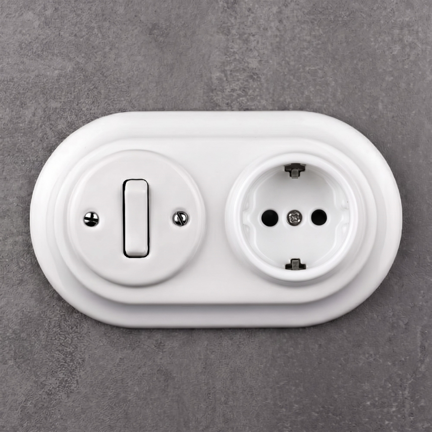 Elhard - Întrerupător retro din ceramică nr. 1 și priză 230V cu ramă SCHUKO, alb