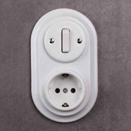 Elhard - Întrerupător retro din ceramică nr. 1 și priză 230V cu ramă SCHUKO, alb
