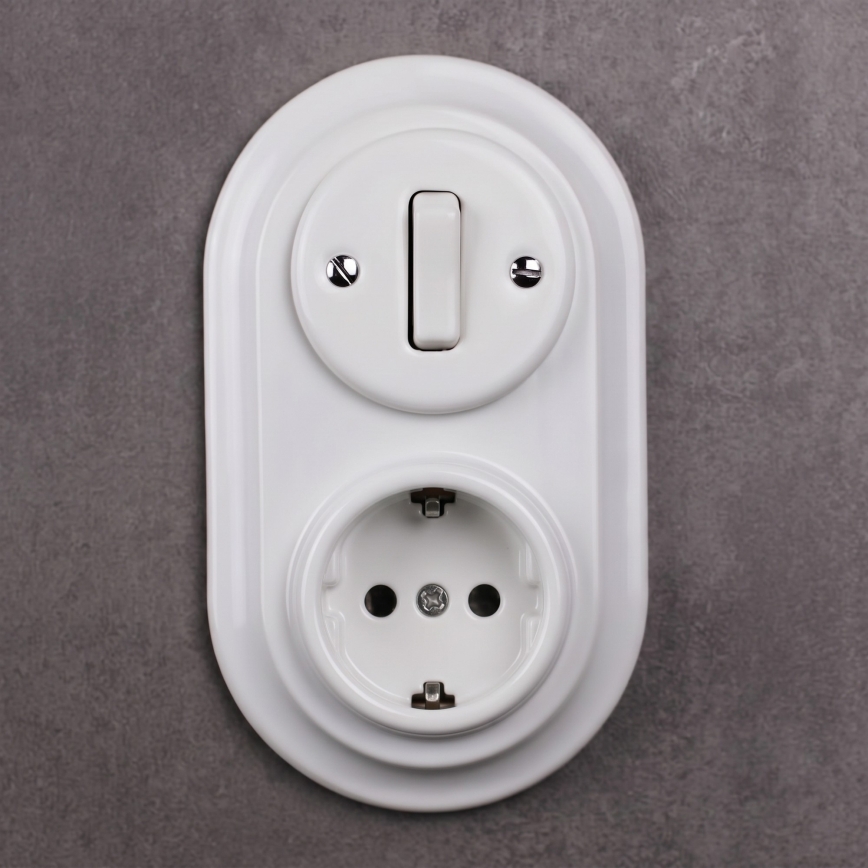 Elhard - Întrerupător retro din ceramică nr. 1 și priză 230V cu ramă SCHUKO, alb