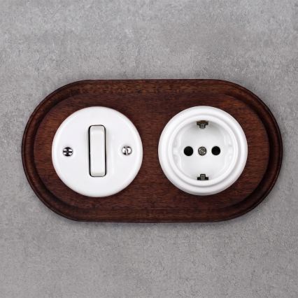 Elhard - Întrerupător retro ceramic nr. 1 și priză 230V cu ramă SCHUKO alb/lemn închis
