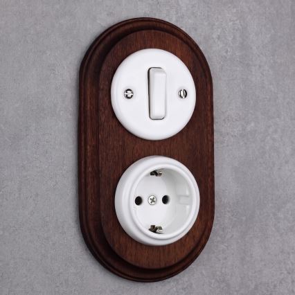 Elhard - Întrerupător retro ceramic nr. 1 și priză 230V cu ramă SCHUKO alb/lemn închis