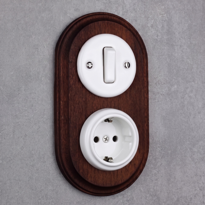Elhard - Întrerupător retro ceramic nr. 1 și priză 230V cu ramă SCHUKO alb/lemn închis