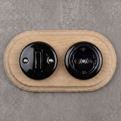 Elhard - Întrerupător retro ceramic nr. 1 și priză 230 V cu ramă SCHUKO negru/lemn deschis