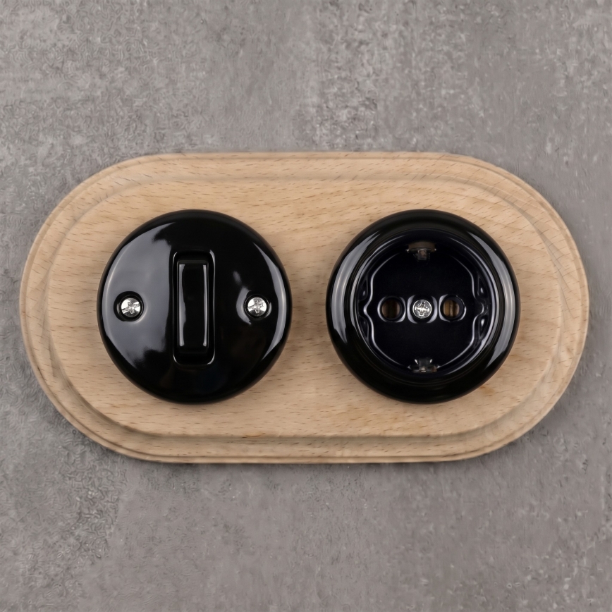 Elhard - Întrerupător retro ceramic nr. 1 și priză 230 V cu ramă SCHUKO negru/lemn deschis
