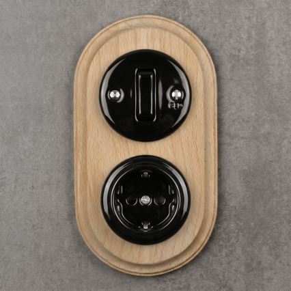 Elhard - Întrerupător retro ceramic nr. 1 și priză 230 V cu ramă SCHUKO negru/lemn deschis