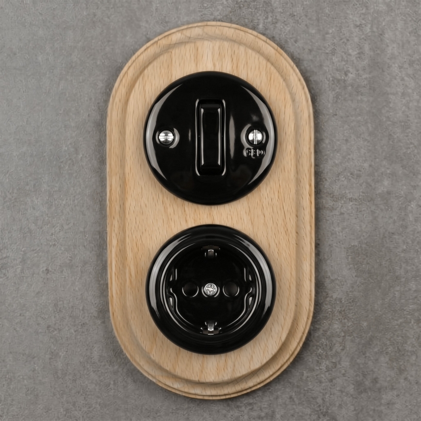 Elhard - Întrerupător retro ceramic nr. 1 și priză 230 V cu ramă SCHUKO negru/lemn deschis