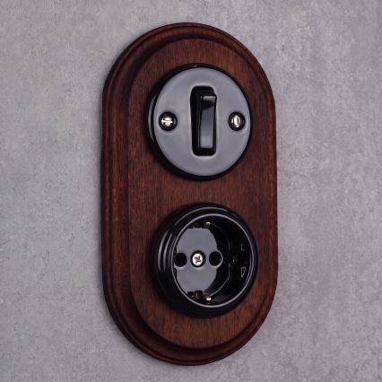 Elhard - Întrerupător retro din ceramică nr. 1 și priză 230 V cu ramă SCHUKO negru/lemn închis