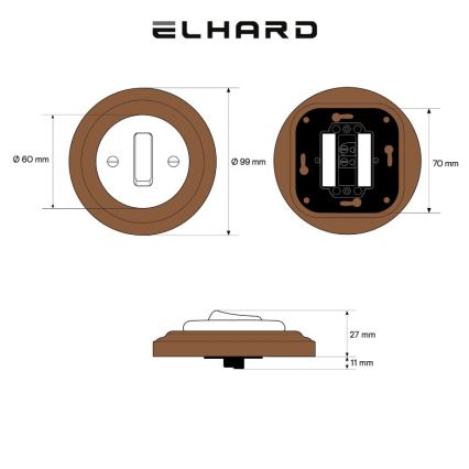 Elhard - Întrerupător retro simplu din ceramică cu ramă nr. 1 alb/lemn închis