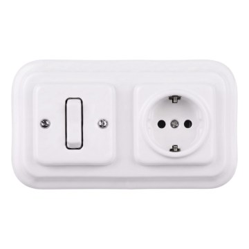 Elhard - Întrerupător unipolar retro din ceramică nr. 1 și priză SCHUKO 230V cu ramă albă