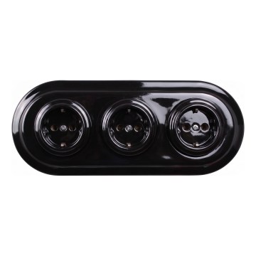Elhard - Priză casnică ceramică retro triplă cu ramă SCHUKO 230V neagră