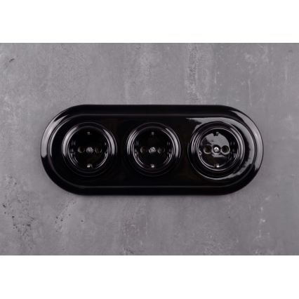 Elhard - Priză casnică ceramică retro triplă cu ramă SCHUKO 230V neagră